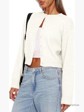 Cropped Cardigan Sweater Long Sleeve Button Down Knit Open Front